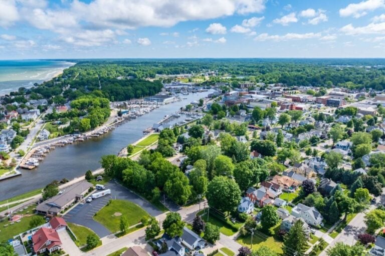 An aerial view of the harbor town of Saugatuck, Michigan