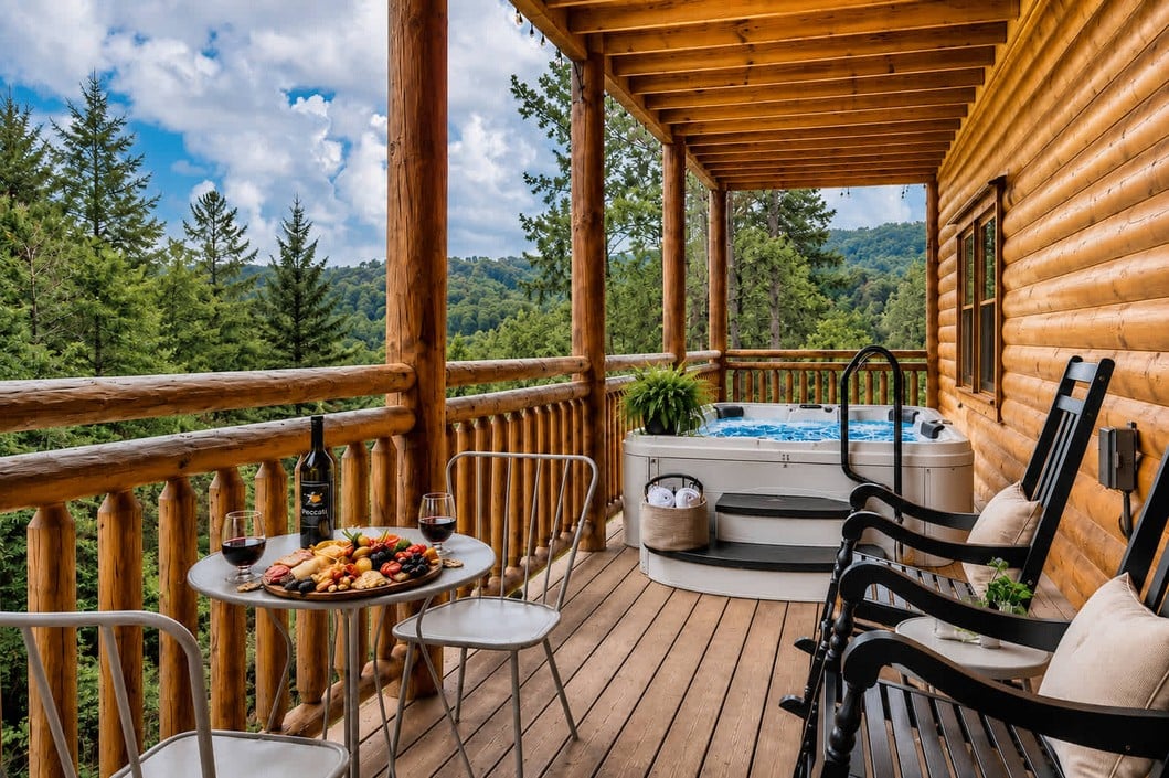 A mountain cabin porch ready for guests at sunset