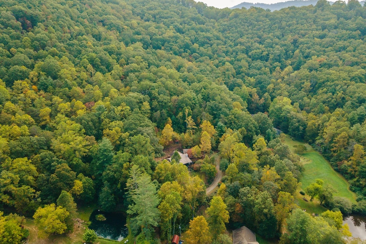 An aerial view of a Home Base retreat tucked into the Blue Ridge mountains