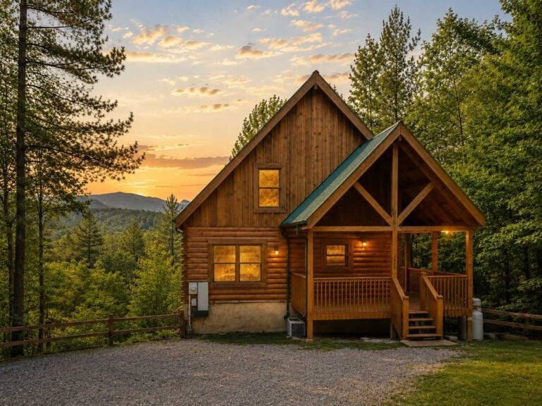 A log cabin with a lit front porch in the Smoky Mountains at dusk
